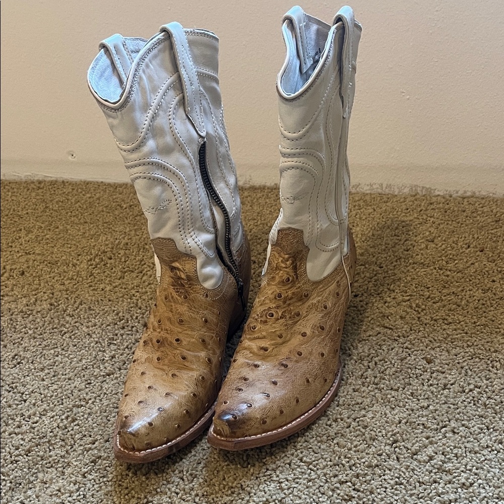freebird Two-Tone Ostrich Leather Cowboy Boots in White and Brown